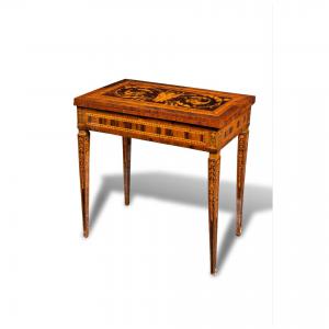 Tavolino lombardo Luigi XVI in legno intarsiato, 1780.